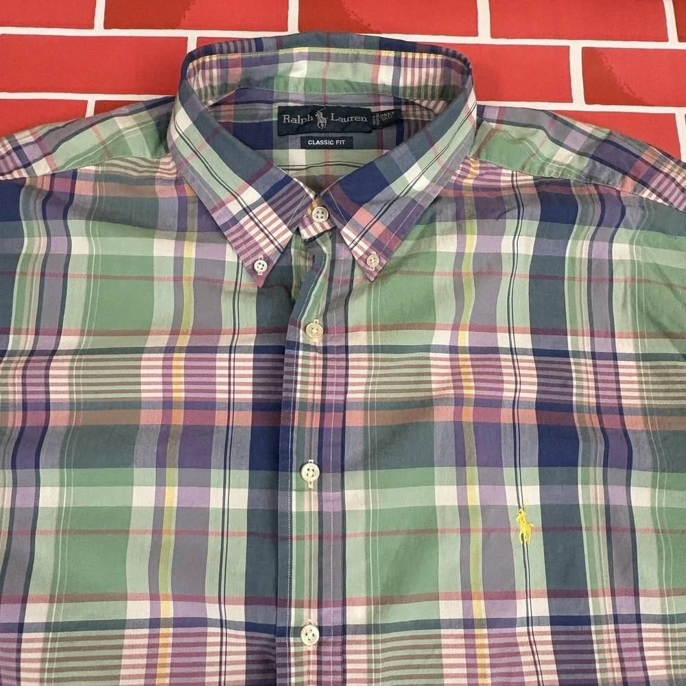 Ralph Lauren Madras Plaid Shirt Mens 2XLT Big Tall Cotton Short Sleeve Button-Up